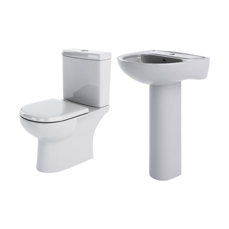 [BCRI005] Newborough Ceramic Bathroom Bundle: Compact or Close-Coupled Toilet Pan, Cistern & Soft-Close Seat and 560mm 1-Tap-Hole Basin with Full Pedestal - Cutout