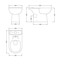 [BCRI005] Newborough Ceramic Bathroom Bundle: Compact or Close-Coupled Toilet Pan, Cistern & Soft-Close Seat and 560mm 1-Tap-Hole Basin with Full Pedestal - Technical Drawing