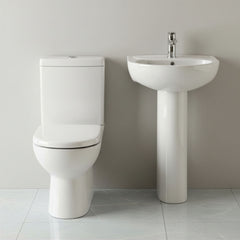 [BCRI005] Newborough Ceramic Bathroom Bundle: Compact or Close-Coupled Toilet Pan, Cistern & Soft-Close Seat and 560mm 1-Tap-Hole Basin with Full Pedestal - Silo