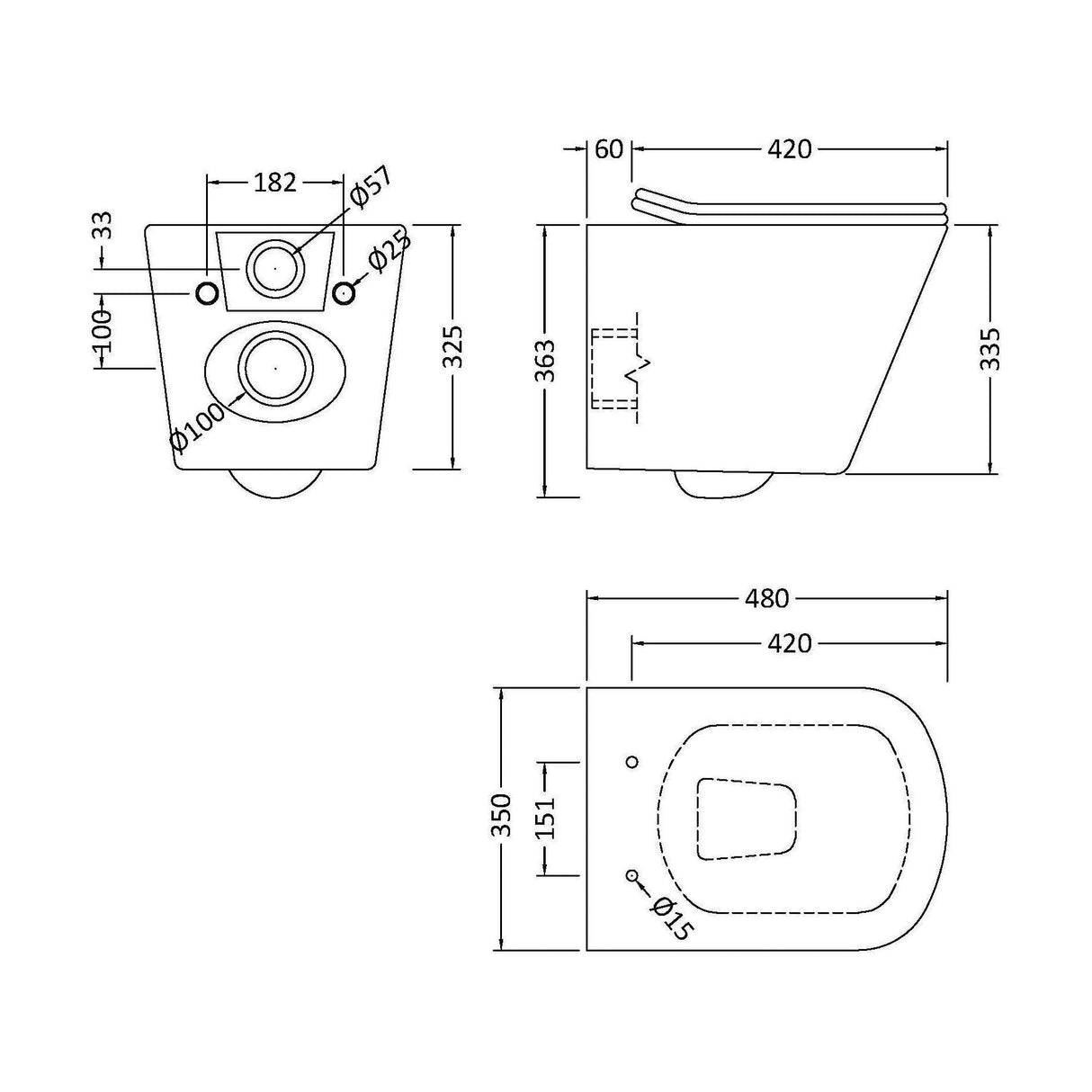 [BCRL003] Hilderstone Contemporary Square Wall Hung Toilet Pan and Seat with Concealed Cistern and Flush Plate - Choice of Finish - Technical Drawing