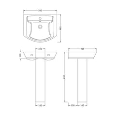 [BCSP002] Spirit Soft Square 1 Tap Hole Ceramic Basin & Full Pedestal, 550mm - Balterley - Technical Drawing