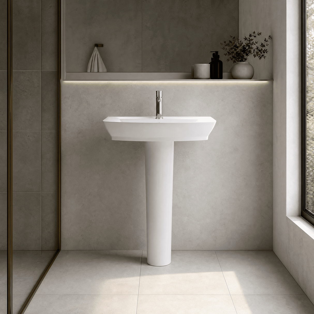 [BCSP002] Porthill Contemporary Ceramic Square Basin with Full Pedestal, Choice of Basin Size
