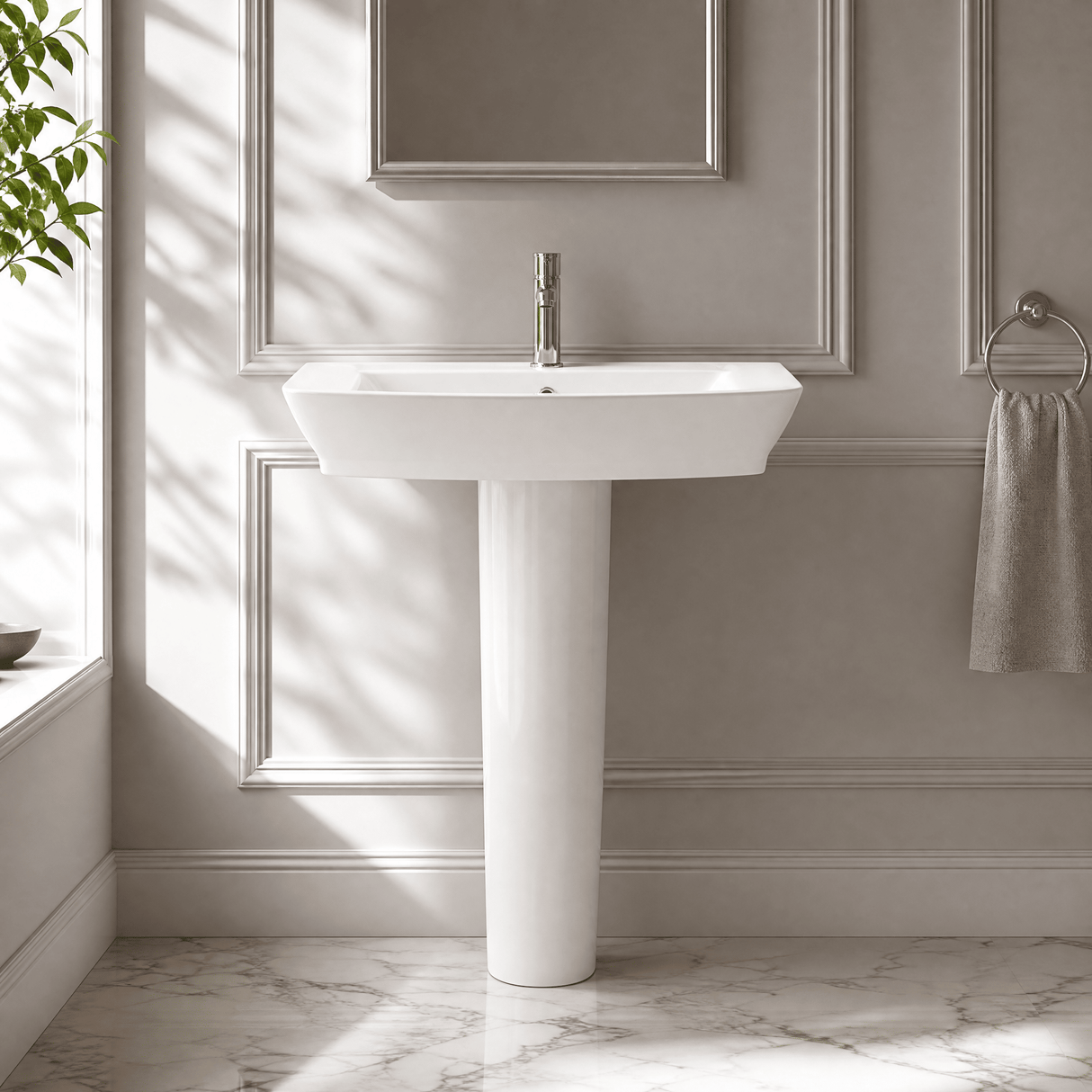 [BCSP002] Porthill Contemporary Ceramic Square Basin with Full Pedestal, Choice of Basin Size - Silo