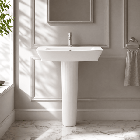 [BCSP002] Porthill Contemporary Ceramic Square Basin with Full Pedestal, Choice of Basin Size - Silo