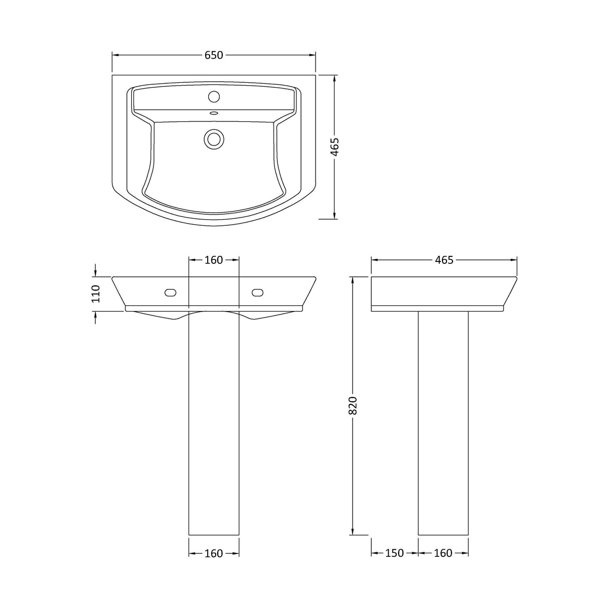 [BCSP003] Spirit Ceramic Square Basin with Full Pedestal, 650mm - Modern Bathroom Sink Design (Tap Not Included) by Balterley - Technical Drawing