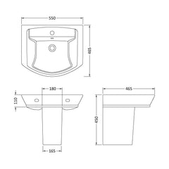 [BCSP005] Spirit Square Ceramic Basin and Semi Pedestal, 550mm - Balterley - Technical Drawing