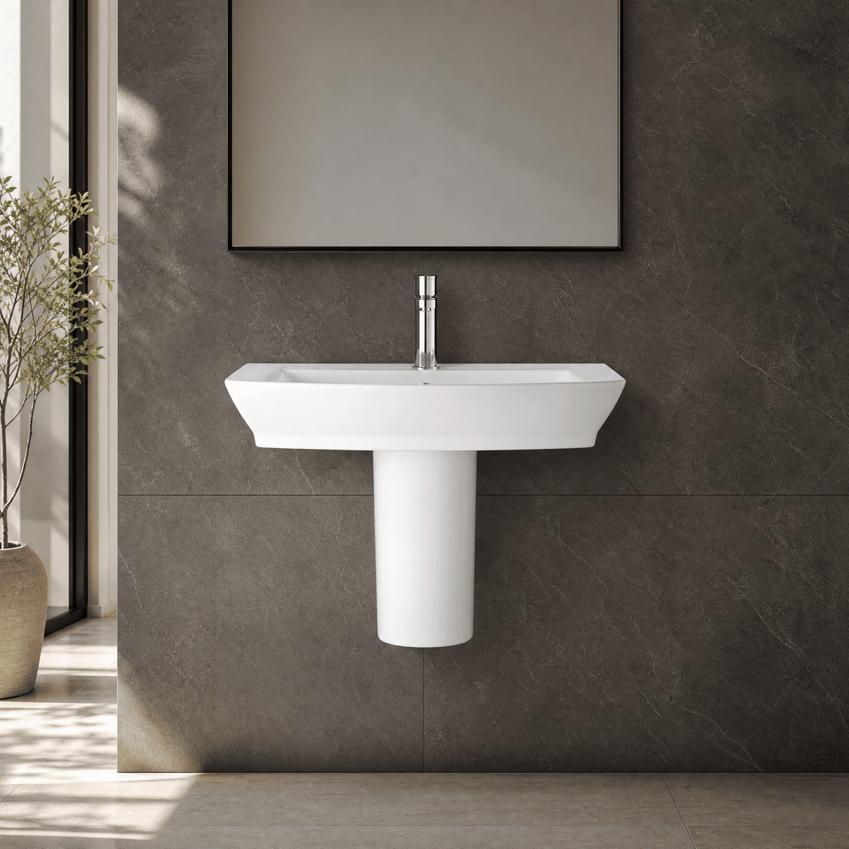 [BCSP005] Porthill Contemporary Ceramic Square Basin and Semi Pedestal, Choice of Basin Size - Silo