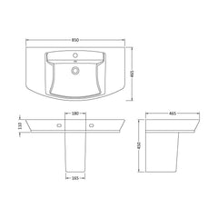 [BCSP007] Spirit Square Ceramic Basin and Semi Pedestal, 850mm - Balterley - Technical Drawing