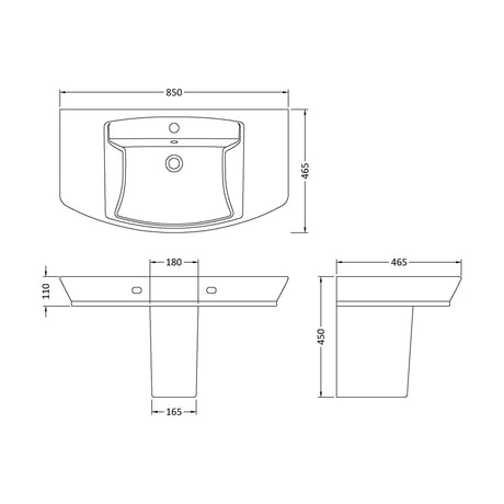[BCSP007] Spirit Square Ceramic Basin and Semi Pedestal, 850mm - Balterley - Technical Drawing