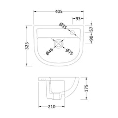 [BCSR002] Round Ceramics Semi Recessed 1 Tap Hole Basin (Tap Not Included), 400mm - Balterley - Technical Drawing