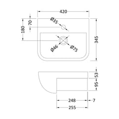 [BCSR004] Square Ceramics Semi Recessed 1 Tap Hole Basin (Tap Not Included), 420mm - Balterley - Technical Drawing