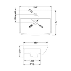 [BCSR005] Square Ceramics Semi Recessed 1 Tap Hole Minimalist Basin (Tap Not Included), 500mm - Balterley - Technical Drawing