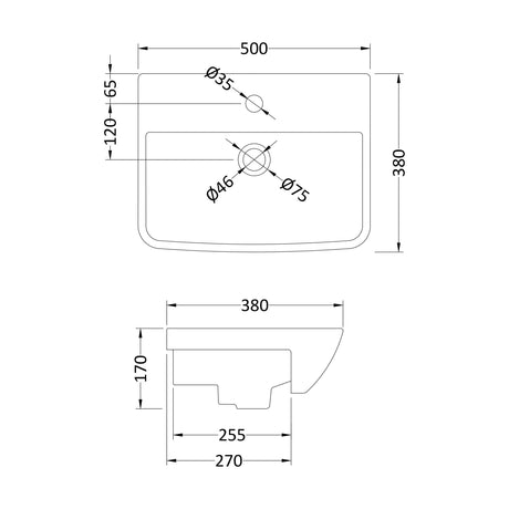 [BCSR005] Square Ceramics Semi Recessed 1 Tap Hole Minimalist Basin (Tap Not Included), 500mm - Balterley - Technical Drawing