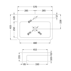[BCSR171] Balterley Semi-Recessed Bathroom Basin, Contemporary Style, Soft Square Design, White, Countertop Friendly, Vitreous China, 570 mm - Technical Drawing