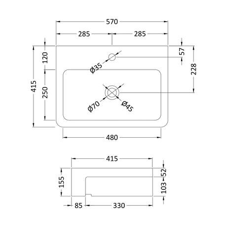 [BCSR171] Balterley Semi-Recessed Bathroom Basin, Contemporary Style, Soft Square Design, White, Countertop Friendly, Vitreous China, 570 mm - Technical Drawing