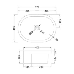 [BCSR173] Balterley Nove Semi-Recessed Bathroom Basin, Contemporary Style, Rounded Design, White, Countertop Friendly, 570 mm - Technical Drawing