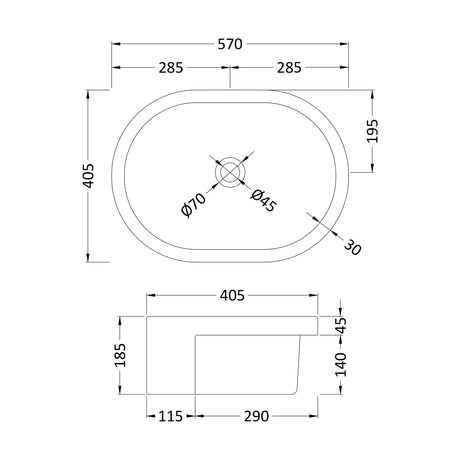 [BCSR173] Balterley Nove Semi-Recessed Bathroom Basin, Contemporary Style, Rounded Design, White, Countertop Friendly, 570 mm - Technical Drawing
