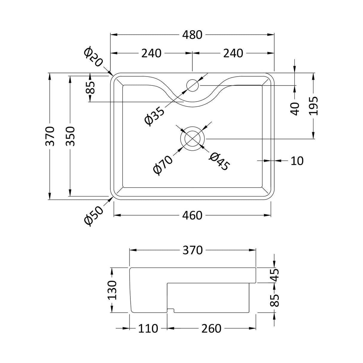 [BCSR174] Balterley Nove Semi-Recessed Bathroom Basin, Contemporary Style, Soft Square Design, White, 480 mm - Technical Drawing