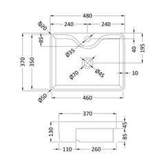 [BCSR174] Balterley Nove Semi-Recessed Bathroom Basin, Contemporary Style, Soft Square Design, White, 480 mm - Technical Drawing