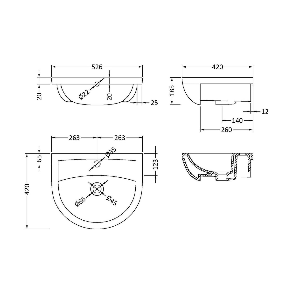 [BCSR305A] Round Ceramics Semi Recessed 1 Tap Hole Basin (Tap Not Included), 500mm - Balterley - Technical Drawing