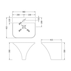 [BCSU102] Trysull Contemporary Wall Hung 1 Tap Hole Ceramic Bathroom Basin, 350 x 460 x 415mm - Technical Drawing