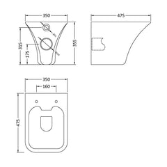 [BCSU140] Trysull Contemporary Wall Hung Rimless Toilet Pan and Seat, 355 x 350 x 490mm - Technical Drawing