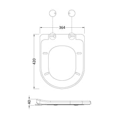 [BCTS004B] D-Shaped Soft Close Gloss White Toilet Seat With Top Fix Hinge, Choice of Cover Caps - Technical Drawing
