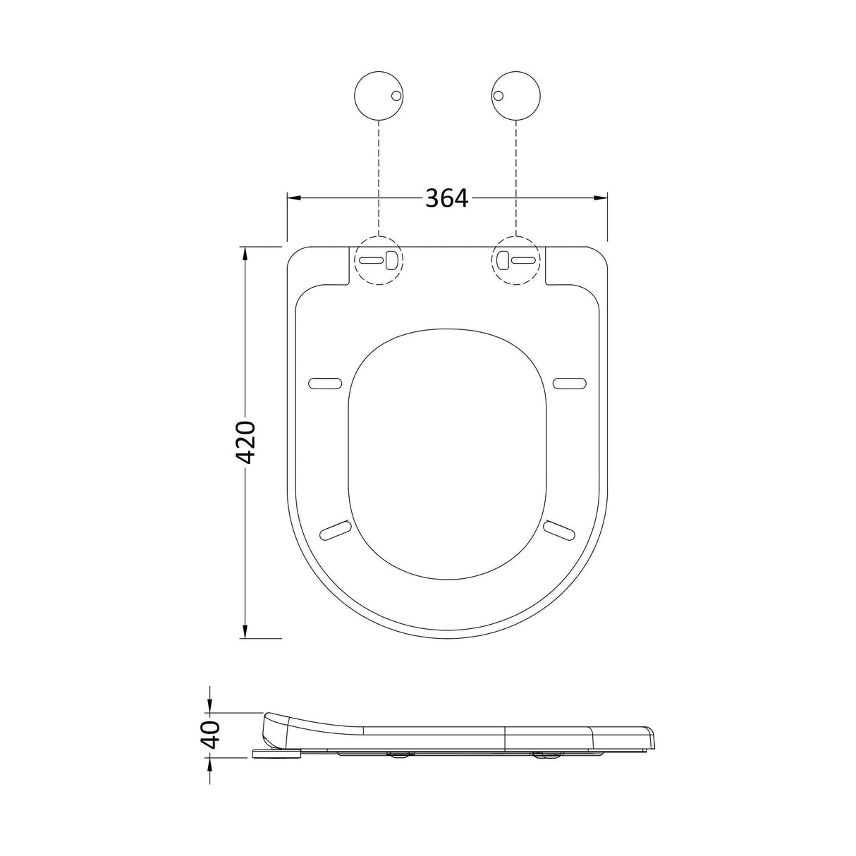 [BCTS004W] D-Shaped Soft Close Gloss White Toilet Seat With Top Fix Hinge, Choice of Cover Caps - Technical Drawing