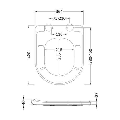 [BCTS004] Luxury Soft Close D Shape Top Fix - White - Technical Drawing