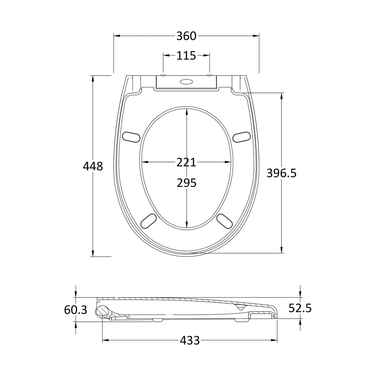 [BCTS006] Luxury Round Top Fix Soft Close - White - Technical Drawing