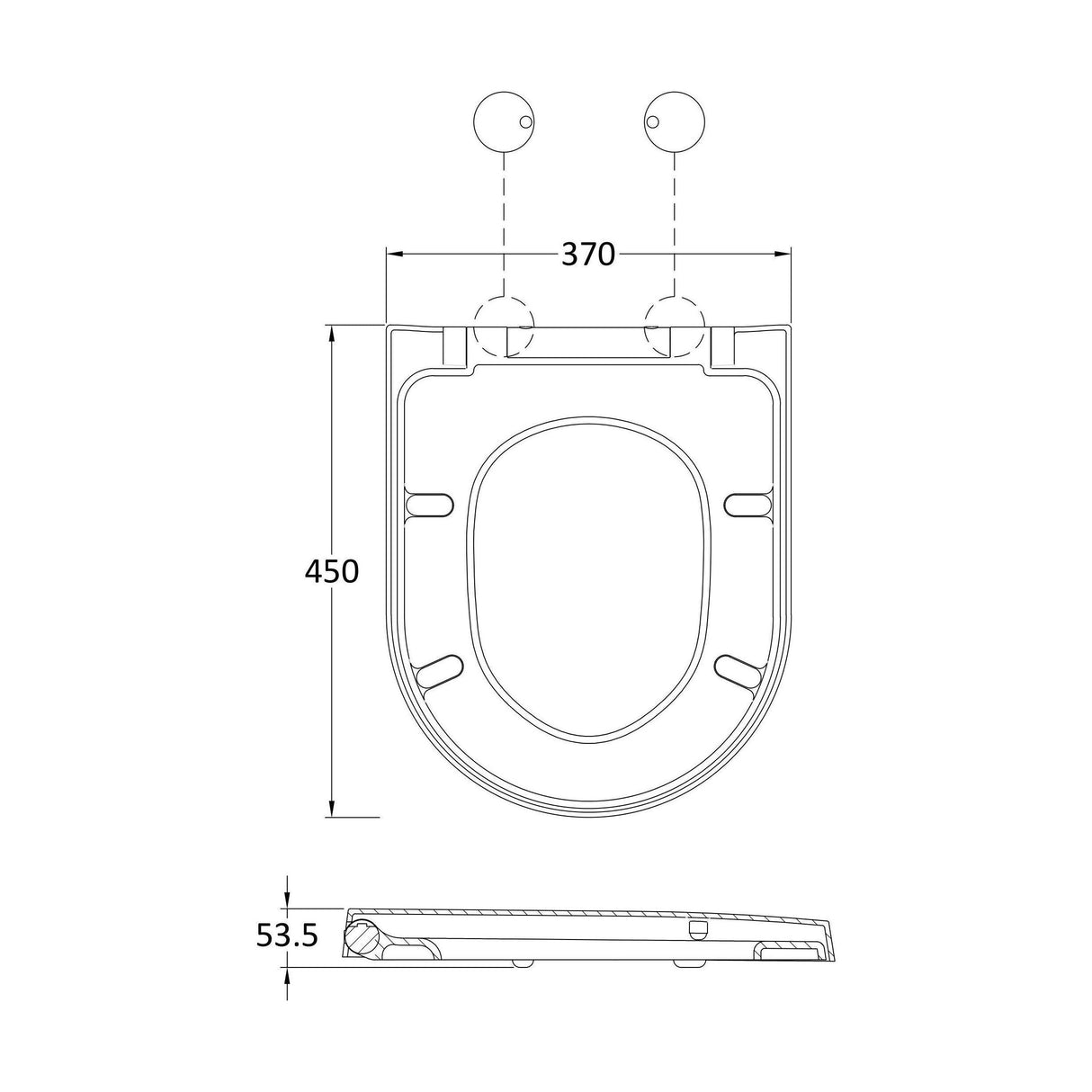 [BCTS007B] Balterley D-Shaped Soft Close Gloss White Toilet Seat With Top Fix Hinge - Technical Drawing