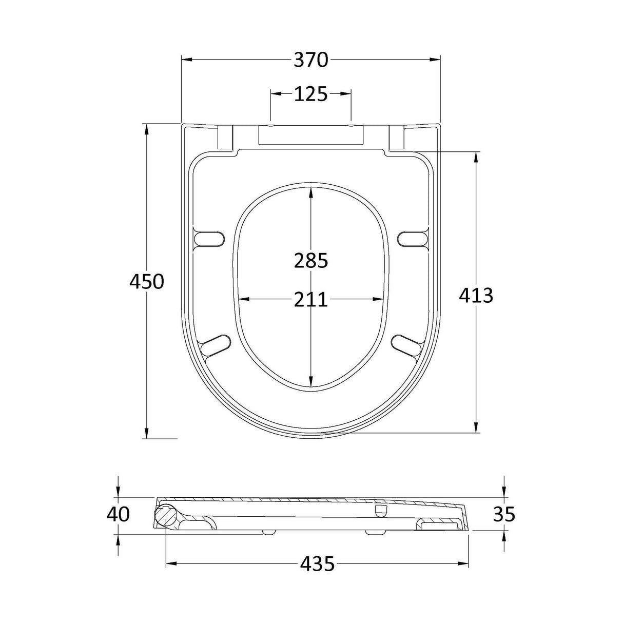 [BCTS007] Luxury D Shape Top Fix Soft Close - White - Technical Drawing