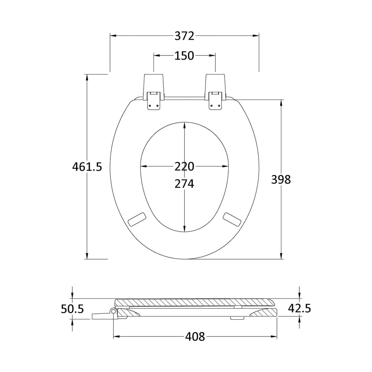 [BCTS303] Traditional Wooden Bottom Fix with Plastic Hinges - White - Technical Drawing