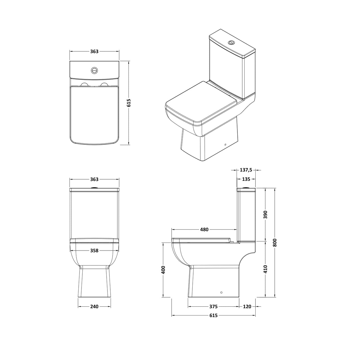 [BCTT01A] Comfort Height Close-Coupled Toilet Soft-Close Seat – White - Technical Drawing