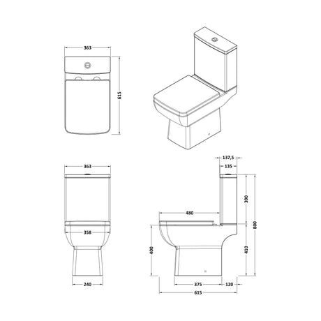 [BCTT01A] Comfort Height Close-Coupled Toilet Soft-Close Seat – White - Technical Drawing