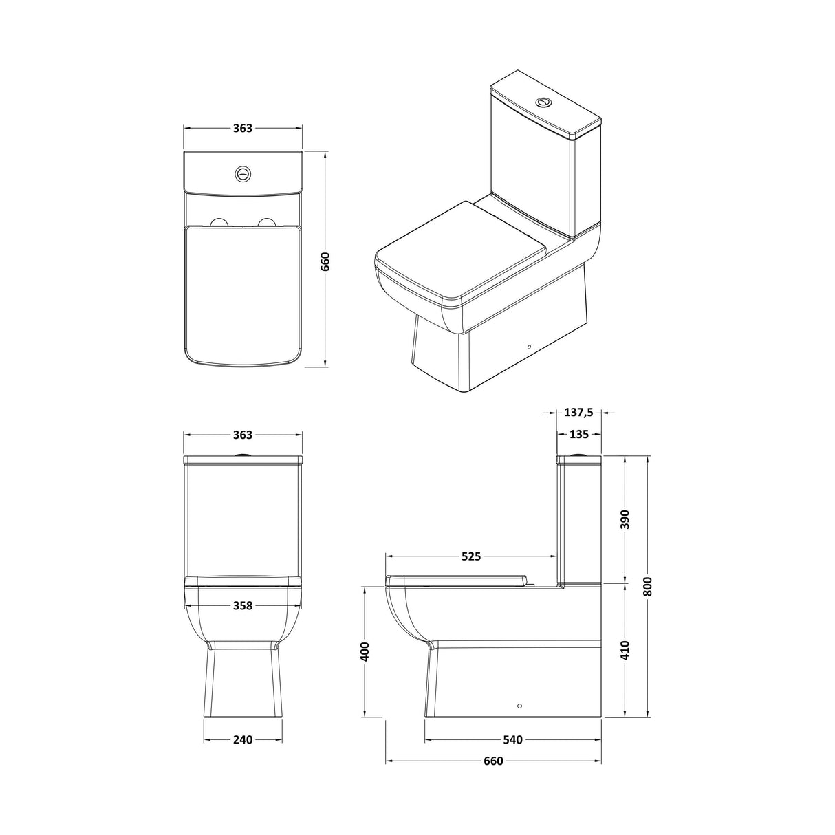 [BCTT03A] Flush To Wall Close-Coupled Toilet Soft-Close Seat – White - Technical Drawing