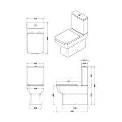 [BCTT03A] Flush To Wall Close-Coupled Toilet Soft-Close Seat – White - Technical Drawing