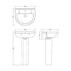 [BCVI002] Copmere Modern White Round Bathroom Basin with Choice of Pedestal - 500mm - Technical Drawing