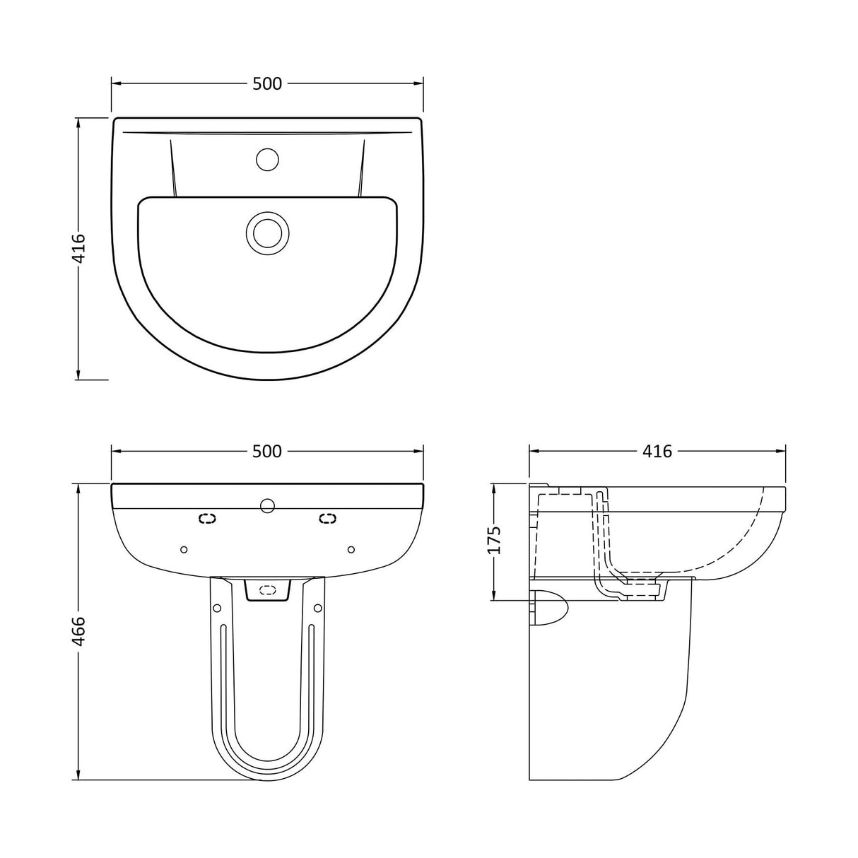 [BCVI004] Copmere Modern White Round Bathroom Basin with Choice of Pedestal - 500mm - Technical Drawing
