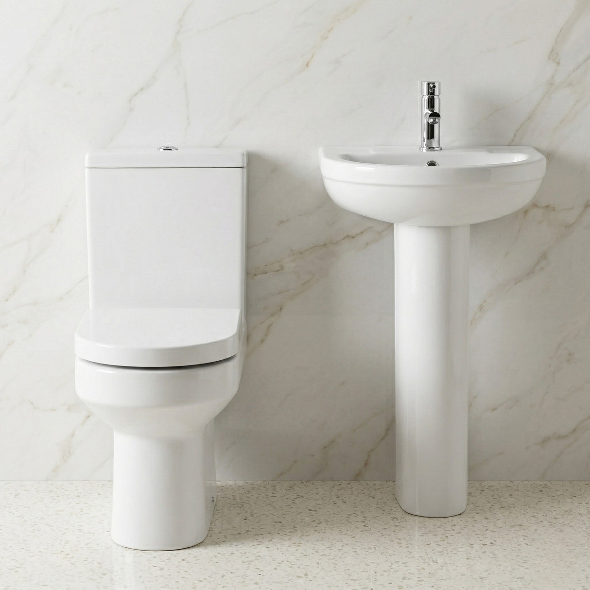 Vision Ceramic Bathroom Suite – Semi Flush to Wall Toilet, Cistern, Soft-Close Seat & 500mm Basin with Full or Semi Pedestal
