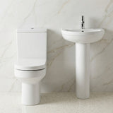 Vision Ceramic Bathroom Suite – Semi Flush to Wall Toilet, Cistern, Soft-Close Seat & 500mm Basin with Full or Semi Pedestal