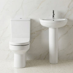 [BCVI006] Copmere Ceramic Bathroom Suite - Semi Flush to Wall Toilet, Cistern, Soft-Close Seat & 500mm Basin with Full or Semi Pedestal - Silo