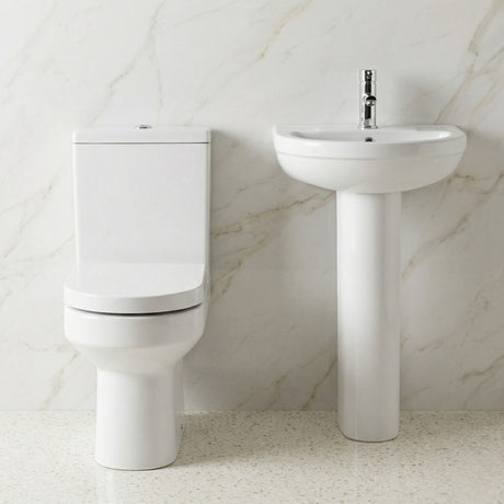 [BCVI006] Copmere Ceramic Bathroom Suite - Semi Flush to Wall Toilet, Cistern, Soft-Close Seat & 500mm Basin with Full or Semi Pedestal - Silo