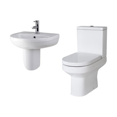 [BCVI007] Copmere Ceramic Bathroom Suite - Semi Flush to Wall Toilet, Cistern, Soft-Close Seat & 500mm Basin with Full or Semi Pedestal - Cutout