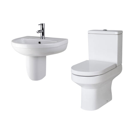 [BCVI007] Copmere Ceramic Bathroom Suite - Semi Flush to Wall Toilet, Cistern, Soft-Close Seat & 500mm Basin with Full or Semi Pedestal - Cutout