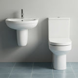 Vision Ceramic Bathroom Suite – Semi Flush to Wall Toilet, Cistern, Soft-Close Seat & 500mm Basin with Full or Semi Pedestal
