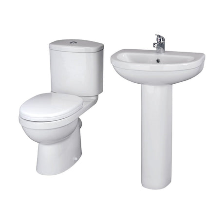 [BCVT001] Churnet Ceramic Bathroom Bundle - Toilet Pan with Cistern, Soft-Close Seat & 550mm Basin with Full or Semi Pedestal (1TH or 2TH) - Cutout