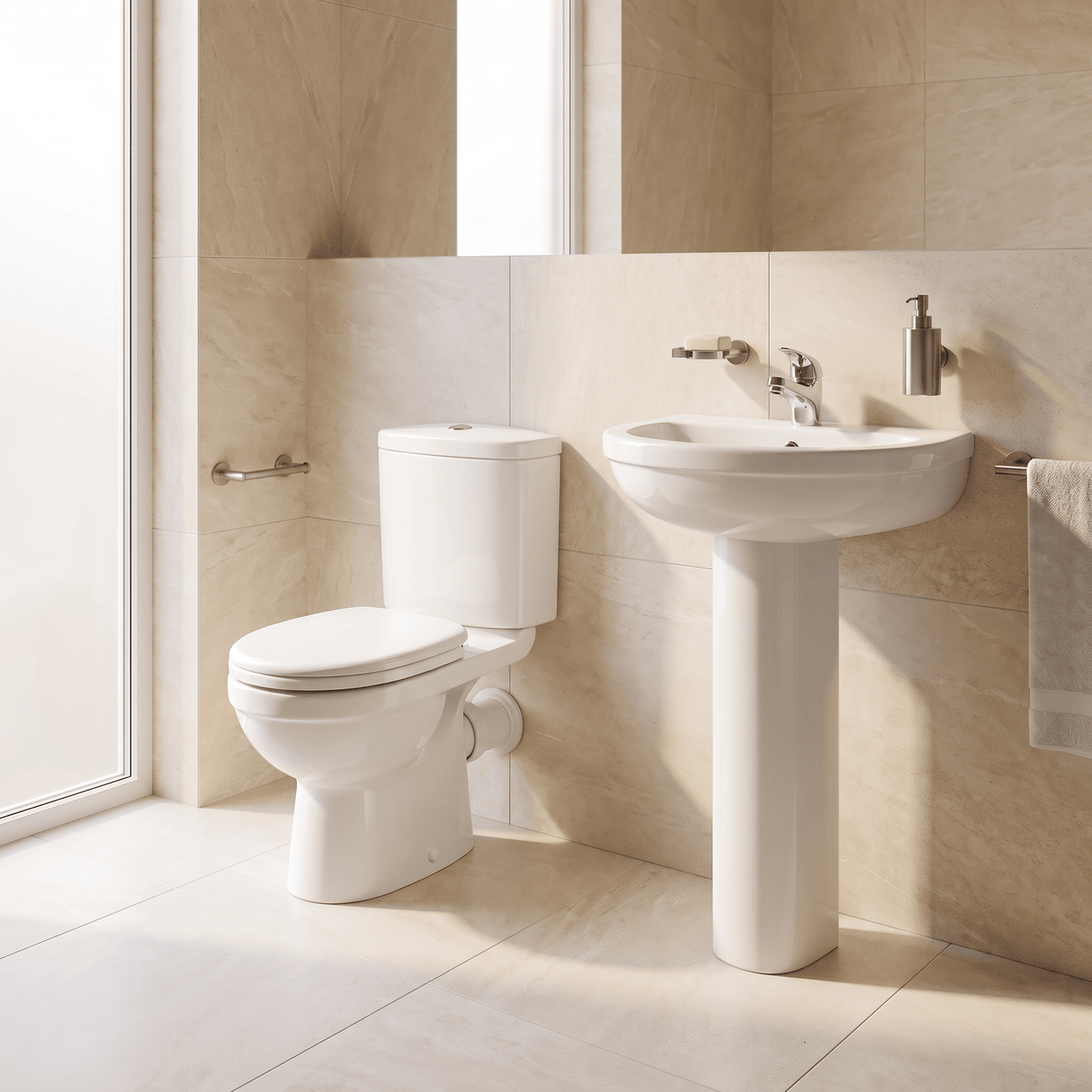 [BCVT001] Churnet Ceramic Bathroom Bundle - Toilet Pan with Cistern, Soft-Close Seat & 550mm Basin with Full or Semi Pedestal (1TH or 2TH) - Lifestyle 1