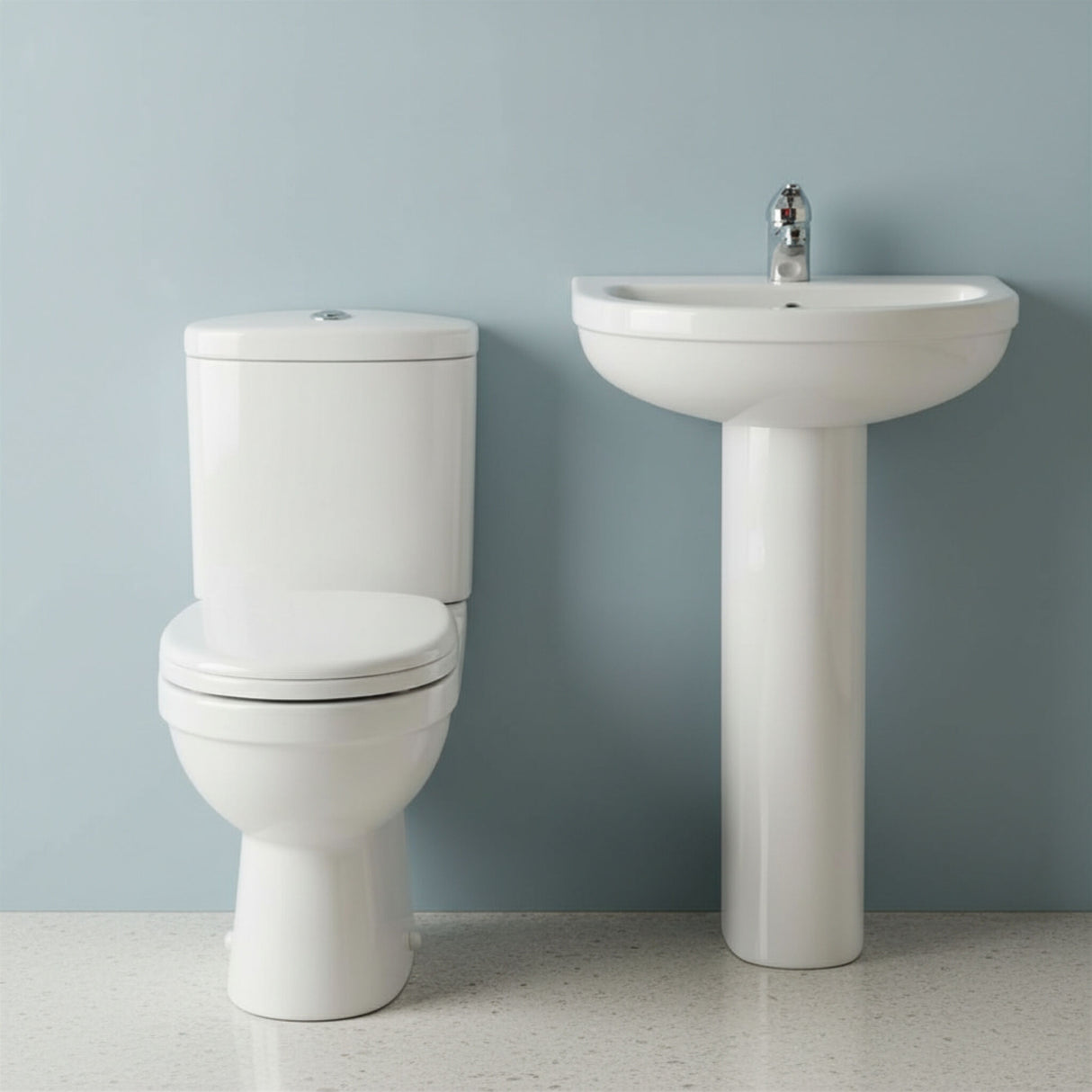 [BCVT001] Churnet Ceramic Bathroom Bundle - Toilet Pan with Cistern, Soft-Close Seat & 550mm Basin with Full or Semi Pedestal (1TH or 2TH) - Silo