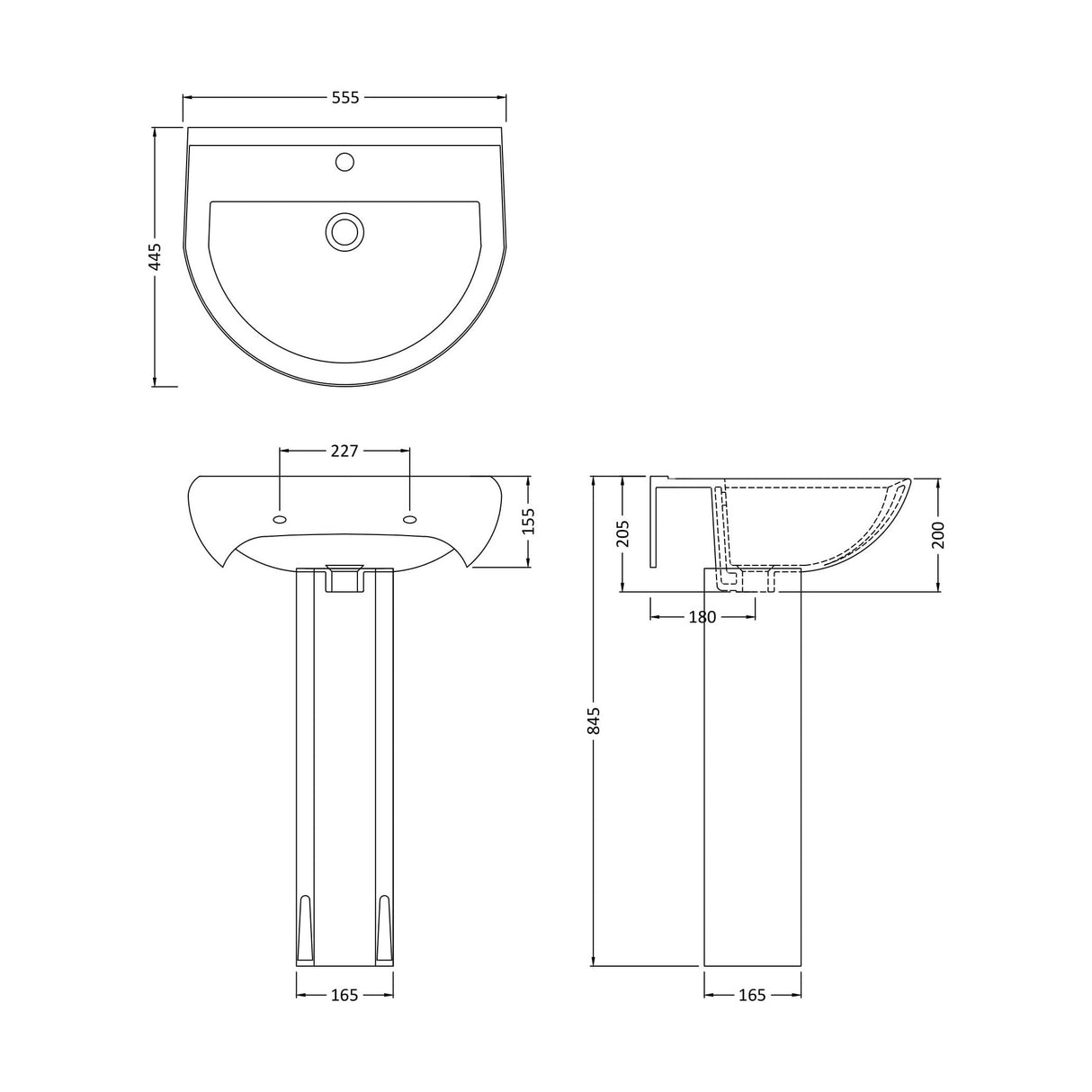 [BCVT002] Churnet Round Ceramic Basin and Pedestal - 1 or 2 Tap Hole - 845 x 555 x 445mm - Technical Drawing